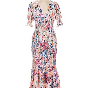 NWT Large Luxxel Multicolor Floral Midi Dress smocked body ruffle